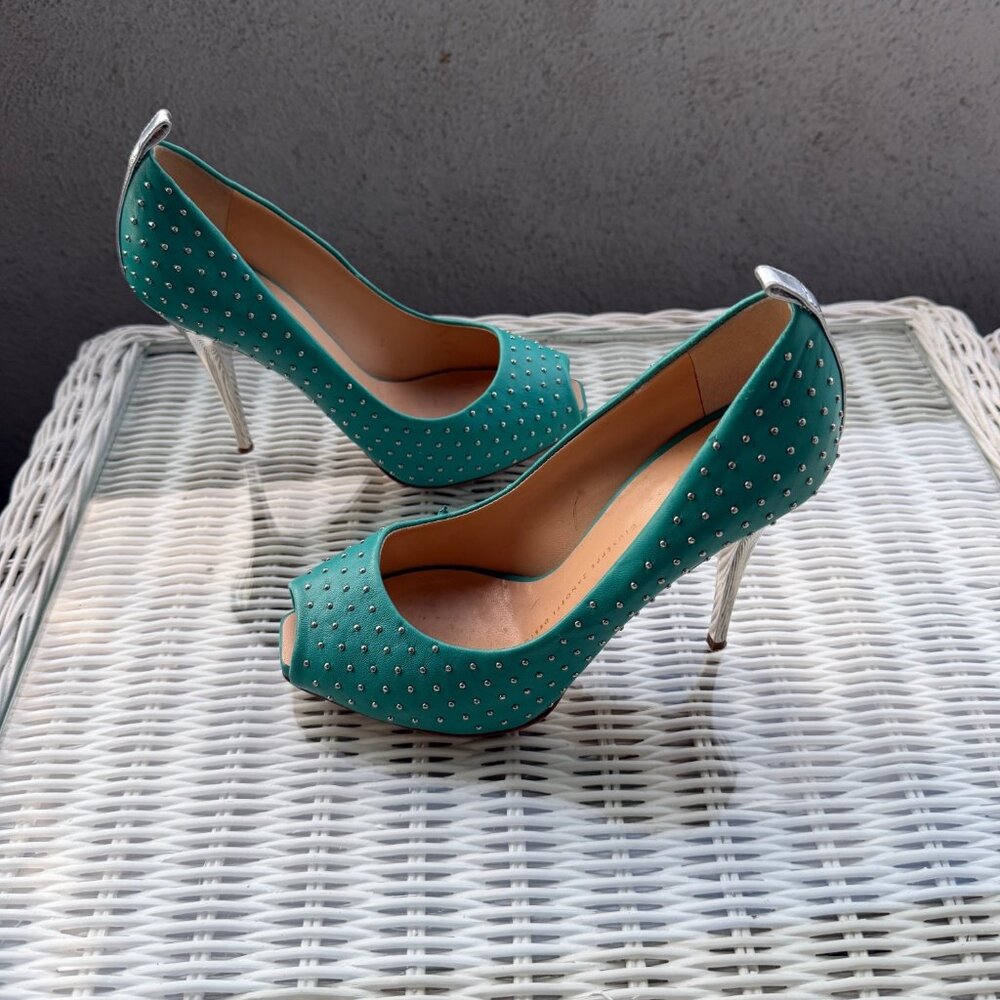 Giuseppe Zanotti Green Studded Peep Toe Heels Size 6 - Picture 1 of 7